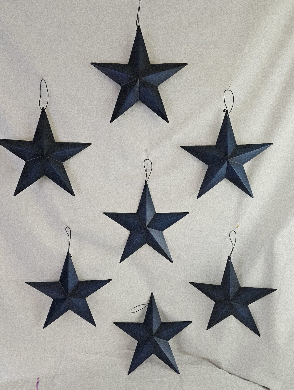 Lot of 7 Vintage Farmhouse Tin Barn Star Ornaments 8” Dark Navy Blue Primitive